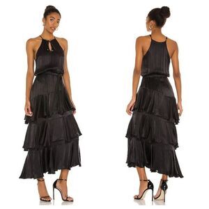 Karina Grimaldi Cassandra Solid Maxi Dress Tiered Black Satin Women's Medium